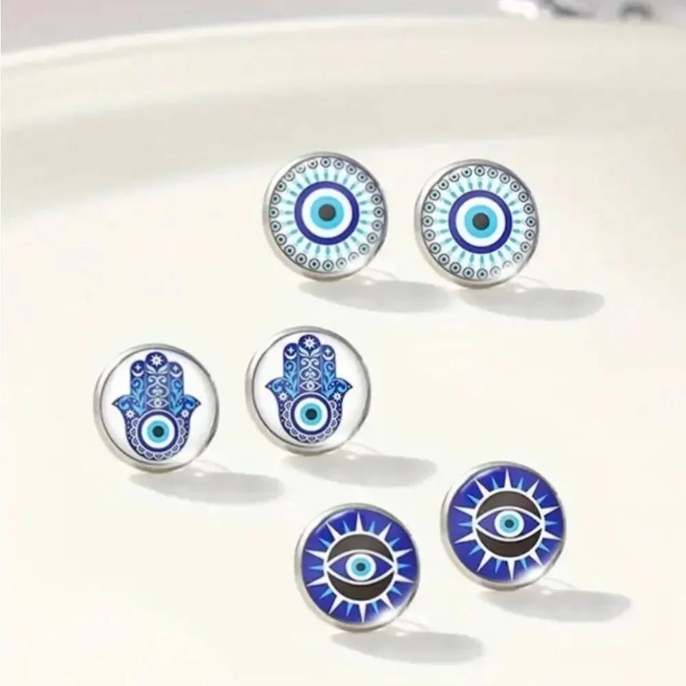 Silver Round Hamza Hand of Fatima Earrings Evil Eye - 3 Pairs